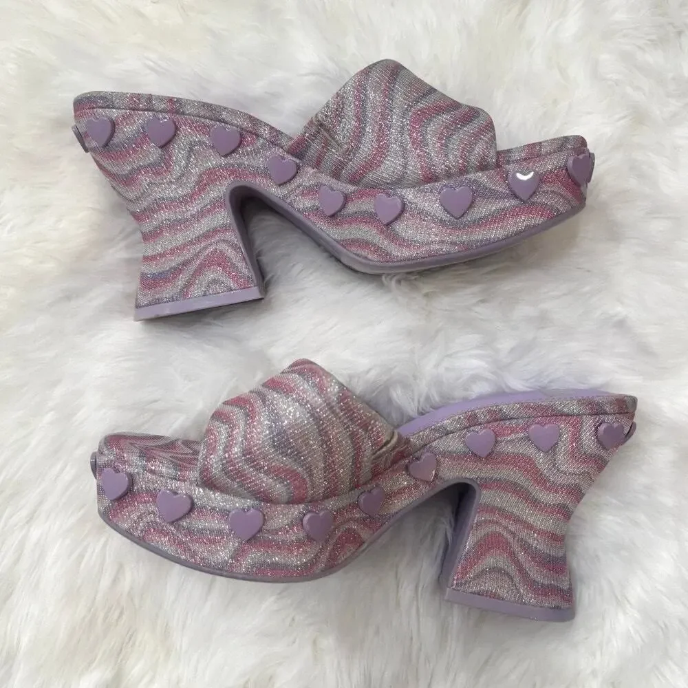 GB Heart-String Sparkle Swirl Heart Studded Platform Slide Sandals Sz 6